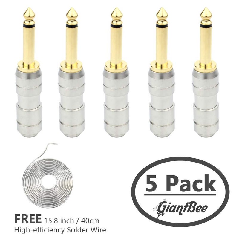 GiantBee 1/4" Audio Plugs 6.35 mm Plug TS Male 1/4 inch Heavy Duty Solder Type Mono Straight Connector for DJ Mixer, Speaker Guitar Cables, Patch Cable, Microphone Cables GiantBee (5 Pack) - Image 2